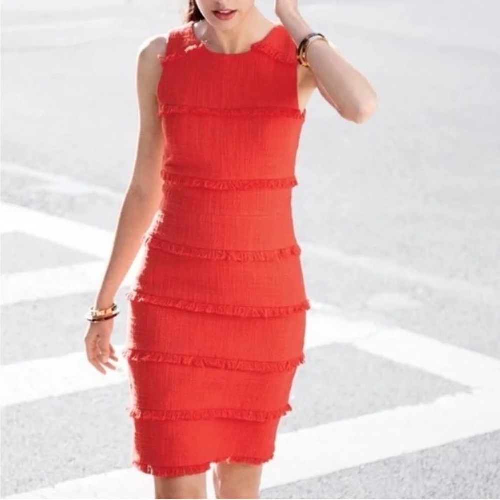 J. CREW Size 8 Sheath Dress Burnt orange/redTweed Texture Tiered Fringe Lined - Picture 3 of 12